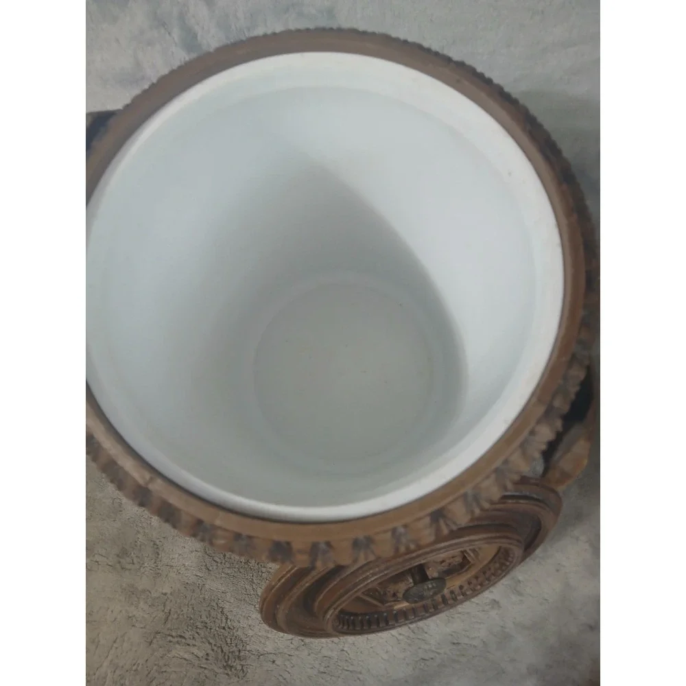 Vintage Faux Wood Ice Bucket Mediterranean Brutalist Ornate Barware Brown 10in